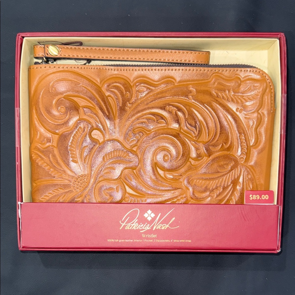 SOLD Patricia Nash Embossed Leather Wristlet in Cognac Tan